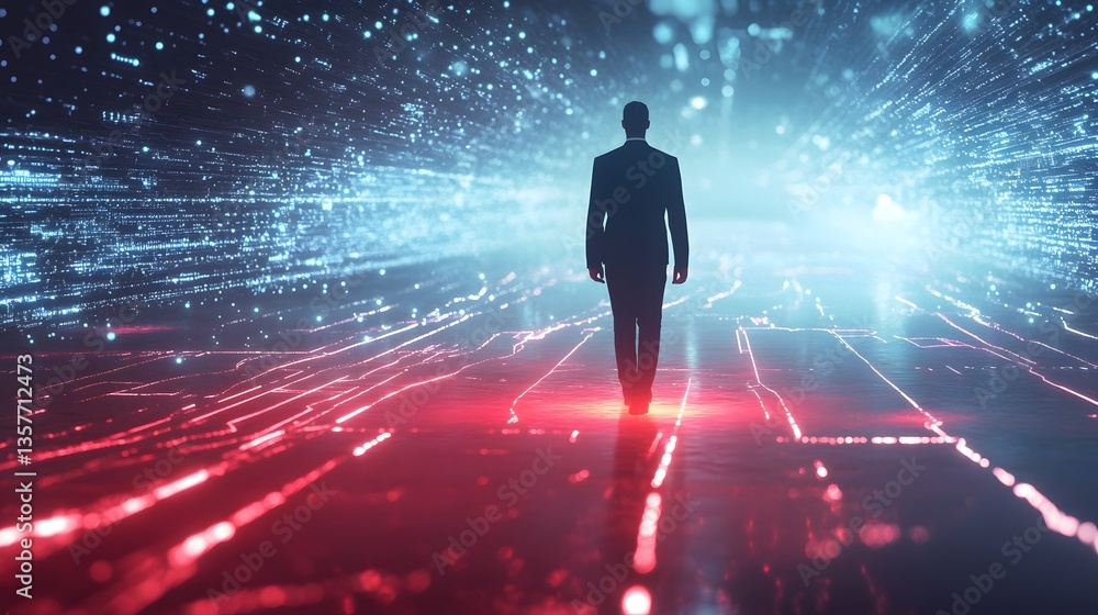 Poster a silhouette of a man walking forward in a digital world. the man is in a suit, navigating a pathway