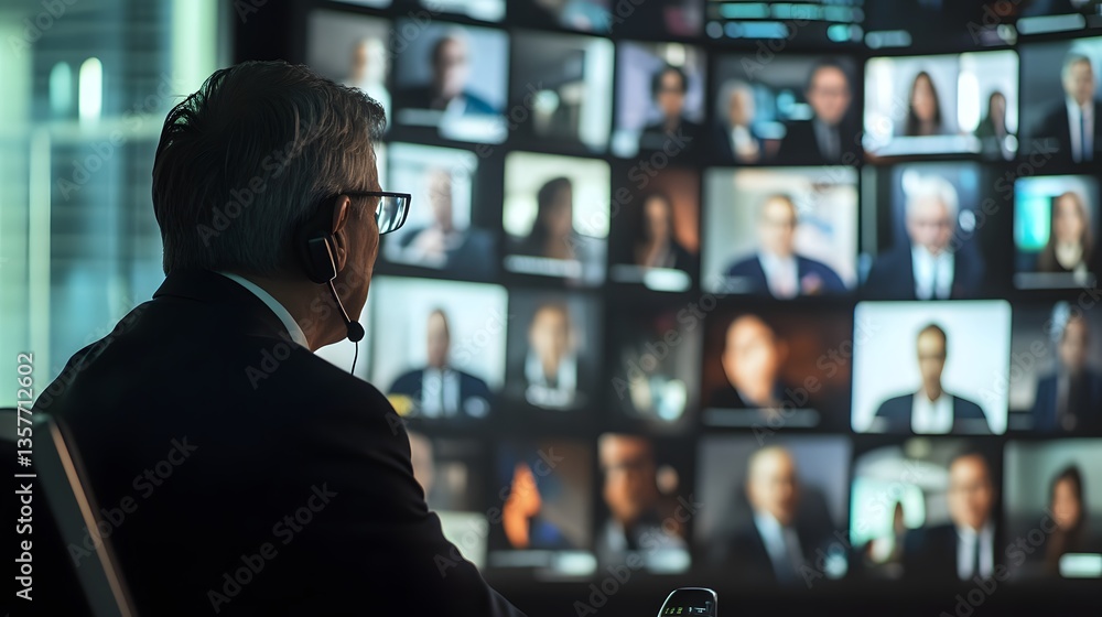 Poster man is engaged in a virtual meeting, his gaze fixed upon a grid of screens displaying numerous parti