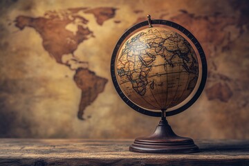 Vintage globe on wooden table against antique world map background