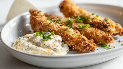 Panko-breaded fish fingers with tartar sauce and lemon wedge, crispy seafood snack perfect for pub menus and kids meal visuals