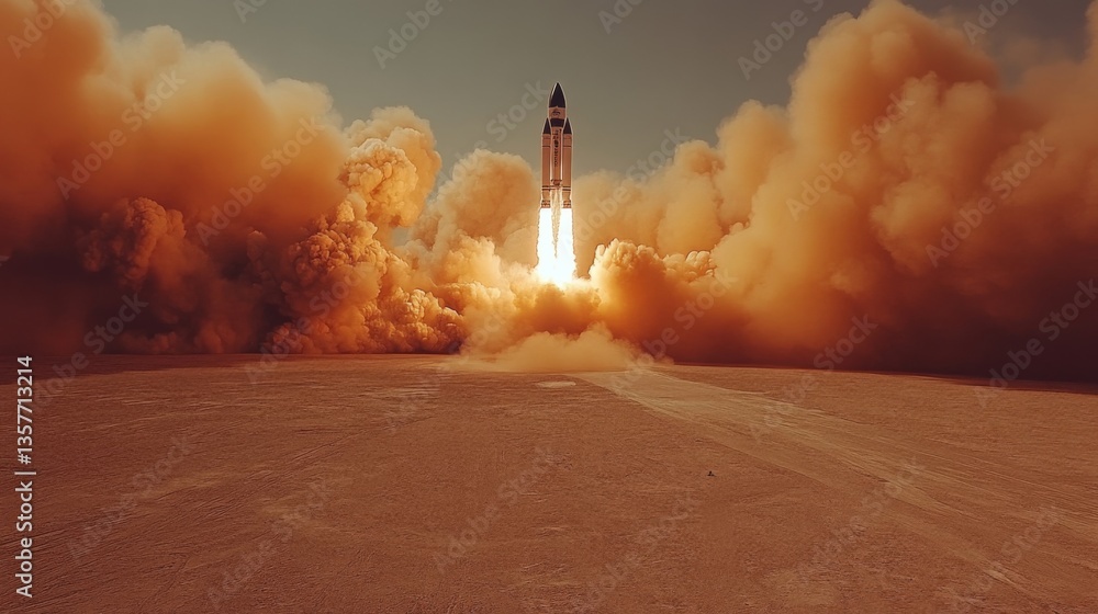 Poster a rocket ascends into the sky, leaving behind a plume of smoke and dust. the setting features a vast