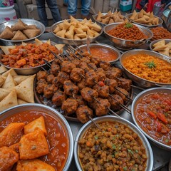 A colorful array of spicy street food from India, featuring sizzling hot kebabs, samosas with red chutney, and fiery curries, 