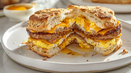 Sausage egg biscuit sandwich sliced to show interior, savory breakfast visual ideal for brunch ads and fast food marketing