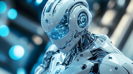 Fototapeta premium a futuristic robot with intricate detailing and a blue illuminated visor, representing advanced technology