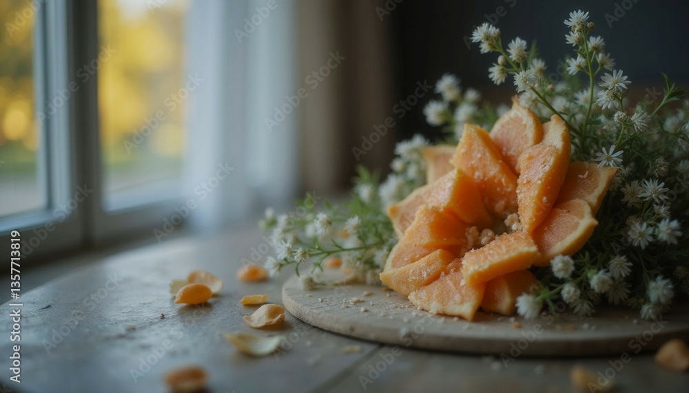 Poster a plate of sliced oranges is on a wooden table with a vase of flowers in the background. the oranges