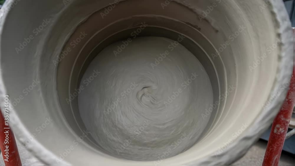 Aufkleber A closeup of a concrete mixers drum with a swirl of wet concrete swirling inside as the motor is engaged and the concrete begins to emulsify and blend creating a homogeneous