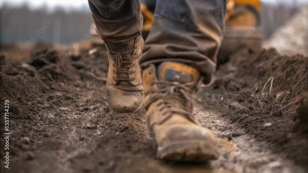 Poster A closeup of a construction workers muddy boots as they navigate uneven terrain illustrating the challenging working conditions at the site.