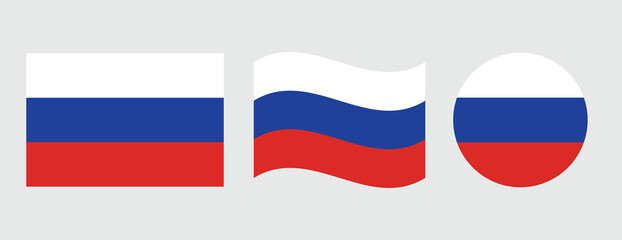 Russia flag symbols set. The national flag of Russia. Blue, white and red colors. Round, square, waving Russian map shape vector banner. Moscow symbol.