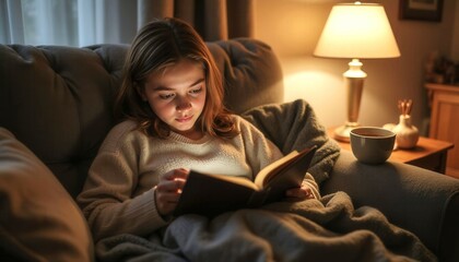 Fototapeta premium A girl is reading a book on a couch. She is smiling and seems to be enjoying her book