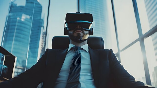 a businessman wearing vr glasses in a modern office, looks futuristic and innovative