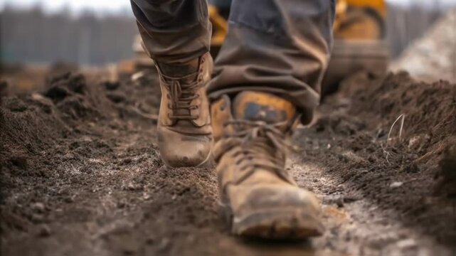 A closeup of a construction workers muddy boots as they navigate uneven terrain illustrating the challenging working conditions at the site.