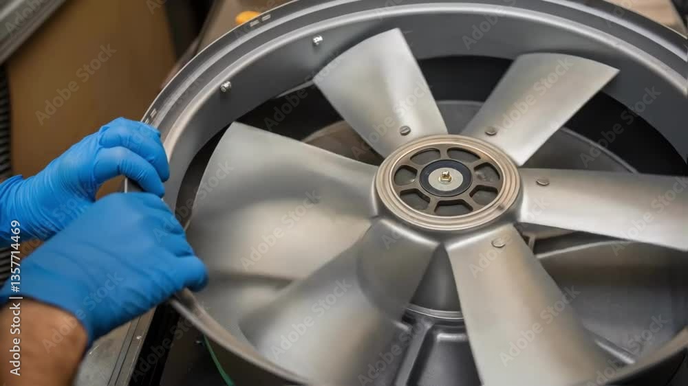 Aufkleber a closeup of a gloved hand positioning a fan blade onto a central hub emphasizing the weight and siz
