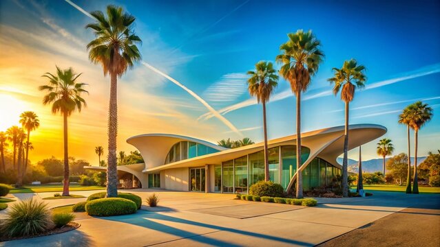 Panoramic View of Retro Futuristic Googie Architecture, Vibrant Colors, Palm Trees,  California Style