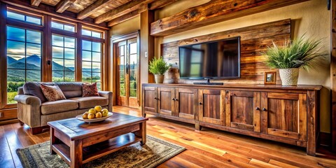 Panoramic View of Rustic Wooden TV Cabinet in Living Room