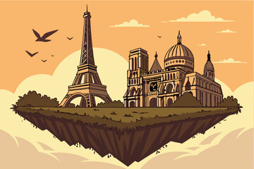 Obraz premium 36 Paris landmarks, floating island, Eiffel Tower, Arc de Triomphe, Louvre pyramid, Notre-Dame Cathedral, surreal cityscape, grass base, flying birds, sunset sky, golden hour, dreamlike composition, a