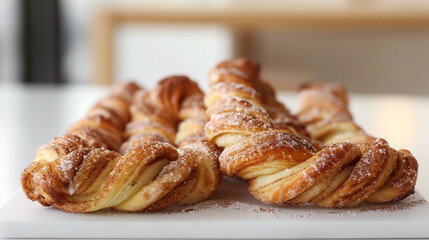 Sugar-glazed cinnamon twists on neutral background, glossy finish and swirled shape perfect for dessert menus and bakery photography