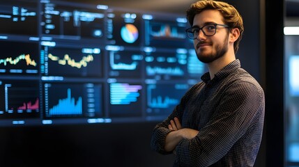 a confident man in glasses poses with his arms crossed in front of multiple data screens. The screens display charts, graphs, and data visualizations