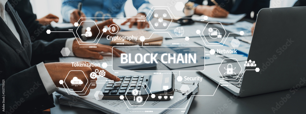 Aufkleber a modern business meeting showcasing professionals discussing blockchain technology, emphasizing sec