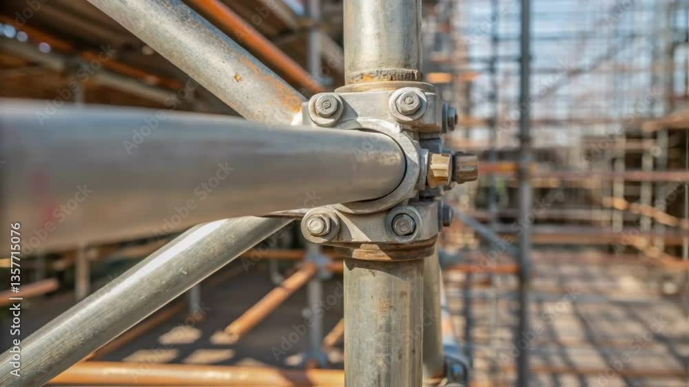 Poster A closeup of an intricate joint where two scaffolding sections meet showcasing the engineering involved in creating a stable platform.