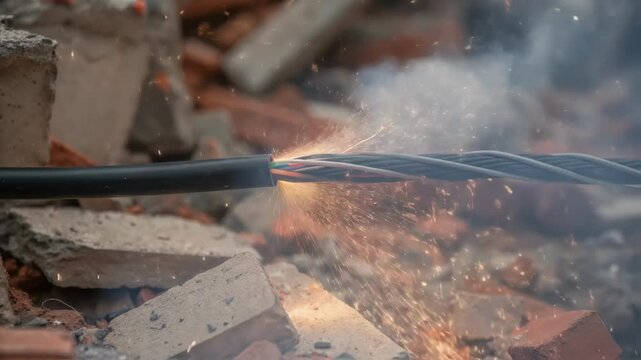 A closeup of an exposed electrical wire ast fallen bricks and concrete with a faint spark visible emphasizing the inherent dangers of demolition work.
