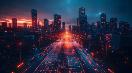 A dynamic cityscape, bathed in neon lights, stands as a testament to technological advancement and modern architectural design, with illuminated skyscrapers and roads at night.