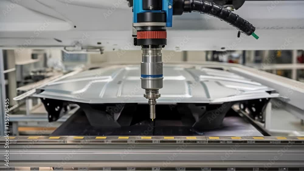 Poster A closeup of a robotic machine applying adhesive to seams on a vehicle capturing the precision and controlled application of manufacturing processes.