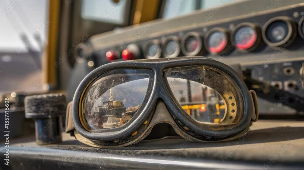 Poster A closeup of a rugged pair of safety goggles resting on the dashboard of a front loader with a panoramic view of mining operations reflected in the lenses.