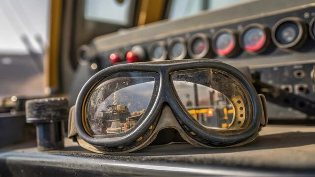 A closeup of a rugged pair of safety goggles resting on the dashboard of a front loader with a panoramic view of mining operations reflected in the lenses.