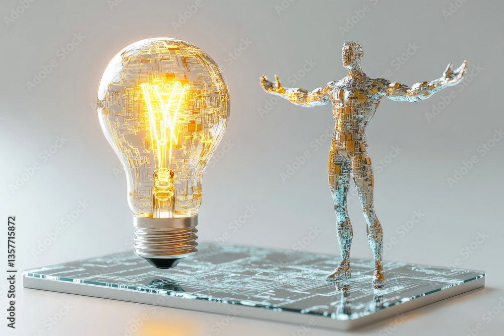 Poster a glowing circuit-filled lightbulb illuminates a translucent robotic figure, symbolizing technologic