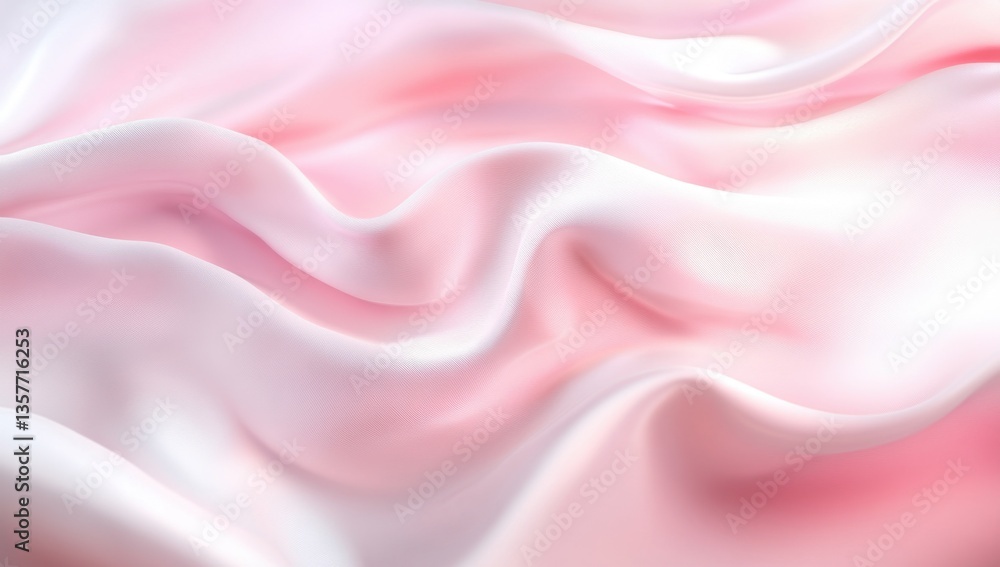 Poster a close-up of soft, pink and white silk fabric, with undulating waves creating an elegant background
