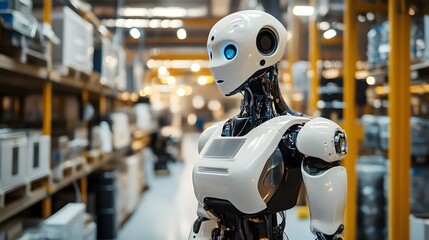 Fototapeta premium a robot observing the surrounding in a factory warehouse, showcasing modern technology