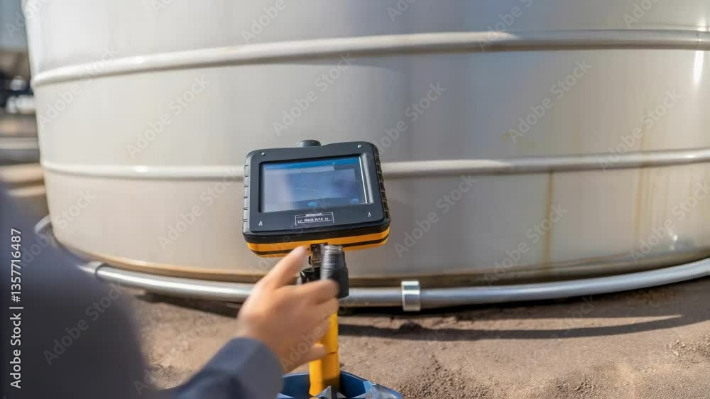Aufkleber a closeup of a technician inspecting the base of a storage tank for signs of leaks using specialized
