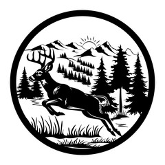 Deer in Circle, Hand Drawn Vector Illustration
