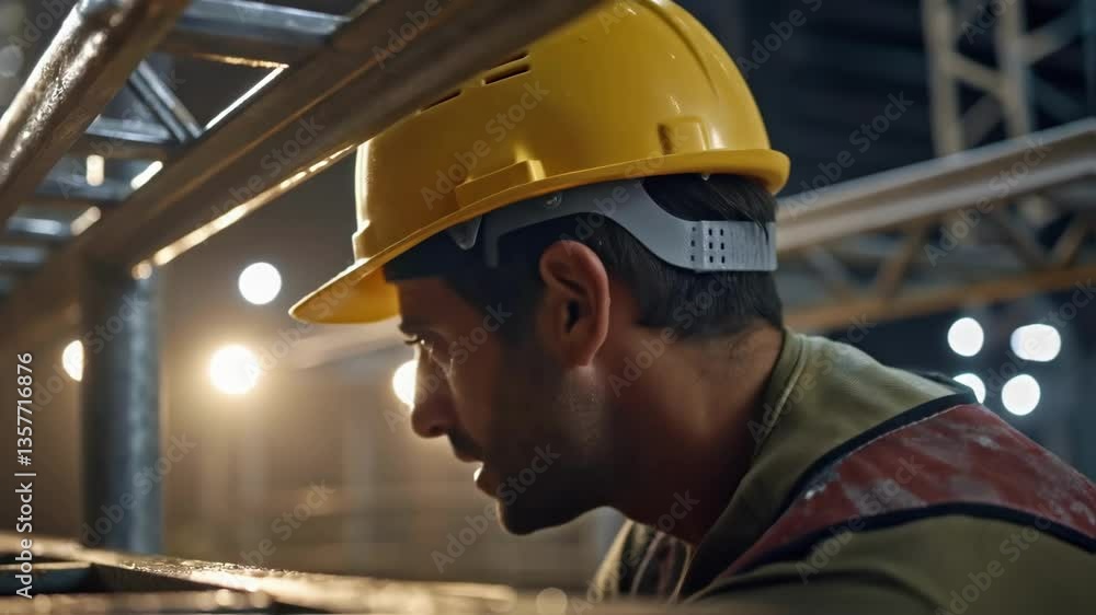 Leinwandbilder a closeup of a workers brow furrowed in concentration sweat glistening under the site lights illustr