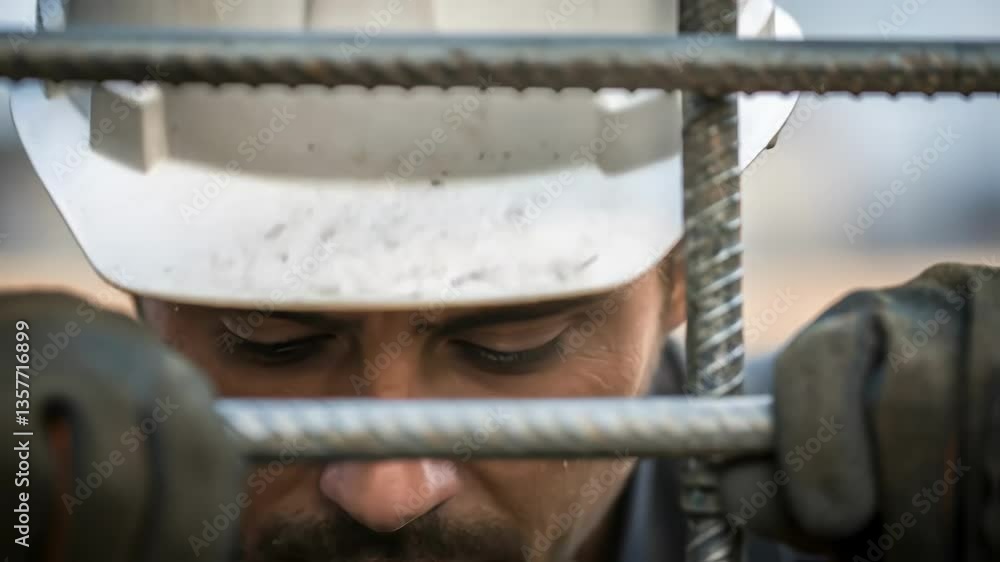 Poster A closeup of a workers face focused on aligning rebar sweat glistening on their brow highlighting the concentration and effort involved.
