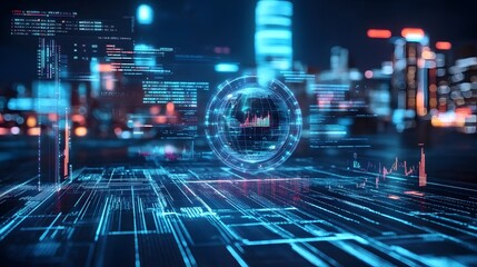 a digital visualization of a city's data network with glowing lines and an information overlay 