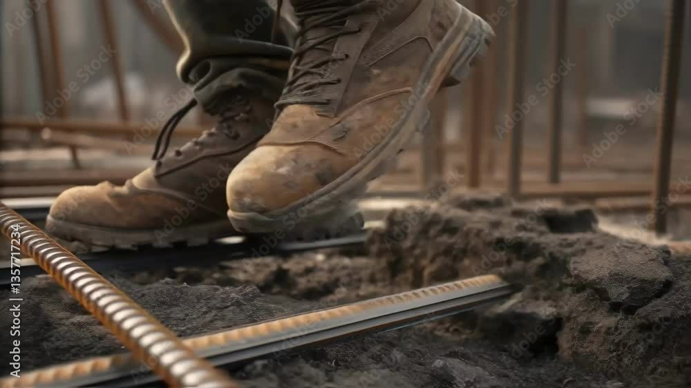 Aufkleber a closeup of a workers muddy boots stepping over twisted rebar and concrete chunks symbolizing the g