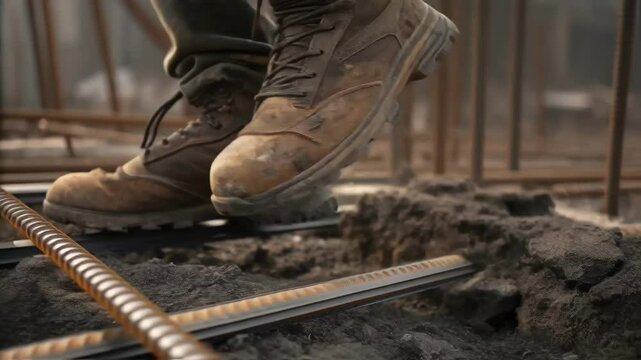 A closeup of a workers muddy boots stepping over twisted rebar and concrete chunks symbolizing the gritty realism of the demolition process on the ground.