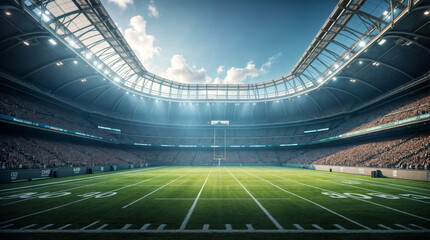 A football field with a large crowd of people watching the game