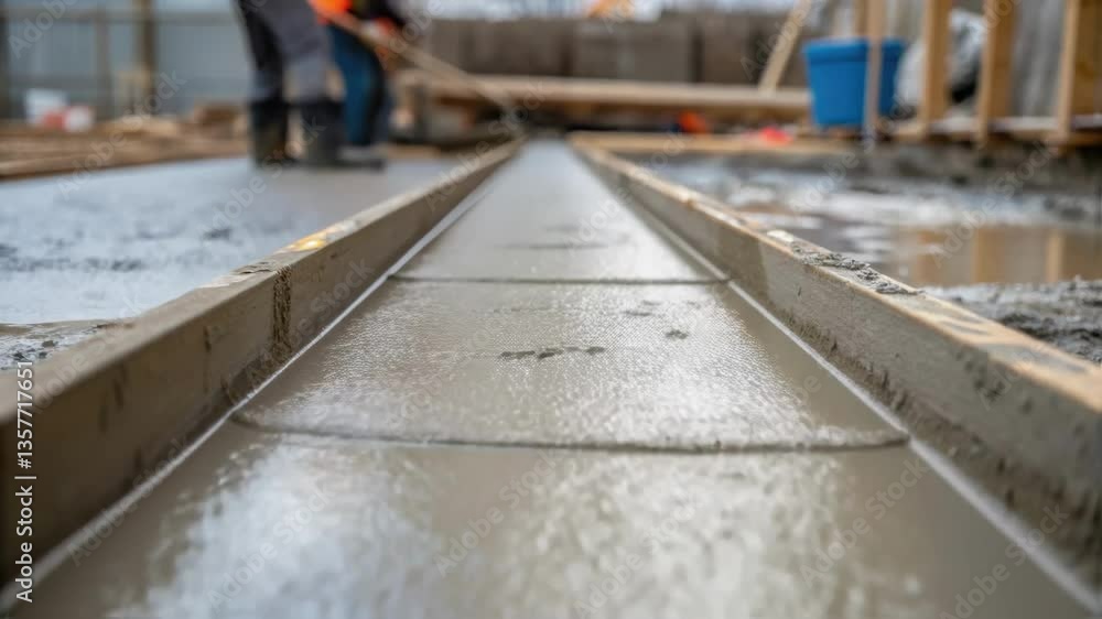 Poster a closeup of freshly poured concrete being shaped into a barrier mold showcasing the texture of the 