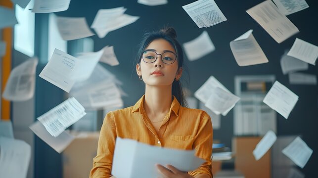 a woman surrounded by flying papers, looking thoughtful and overwhelmed in office 