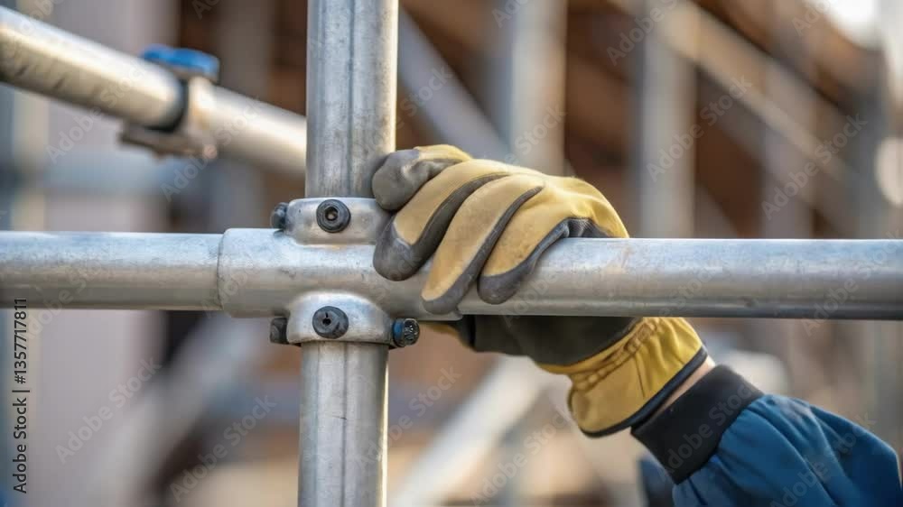 Aufkleber A closeup of gloved hands gripping a scaffolding pipe showing the strength and precision required to secure the structure.