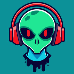 Alien head wearing headphones with glitch effects vector design