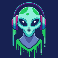 Alien head wearing headphones with glitch effects vector design