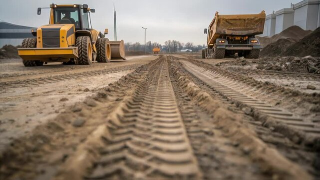 A closeup of heavy machinery tracks caked in mud and gravel leaving distinct prints on the ground as construction vehicles navigate the site of the underground parking facility.