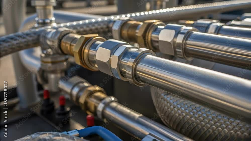 Poster a closeup of intricate piping connections on a highpressure testing rig featuring metallic fittings 