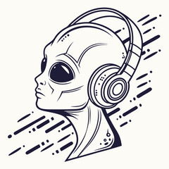Alien head wearing headphones with glitch effects vector design