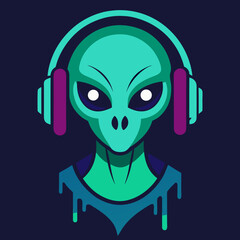 Alien head wearing headphones with glitch effects vector design