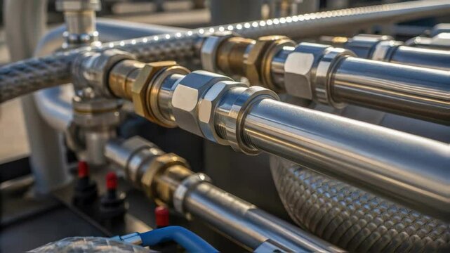 A closeup of intricate piping connections on a highpressure testing rig featuring metallic fittings and rubber seals with sunlight glinting off the polished surfaces.