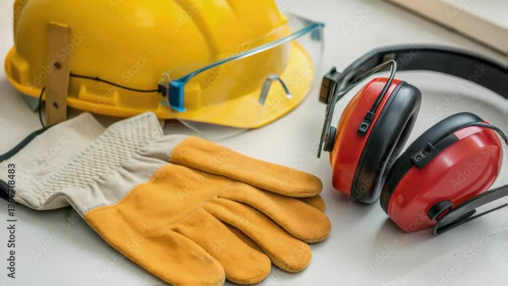 Poster a closeup of safety equipment showing gloves and ear protection resting on a clean surface emphasizi